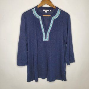 Chicos Womens Linen Beaded Neckline Blouse Size 2 Pullover 3/4 Sleeve V Neck
